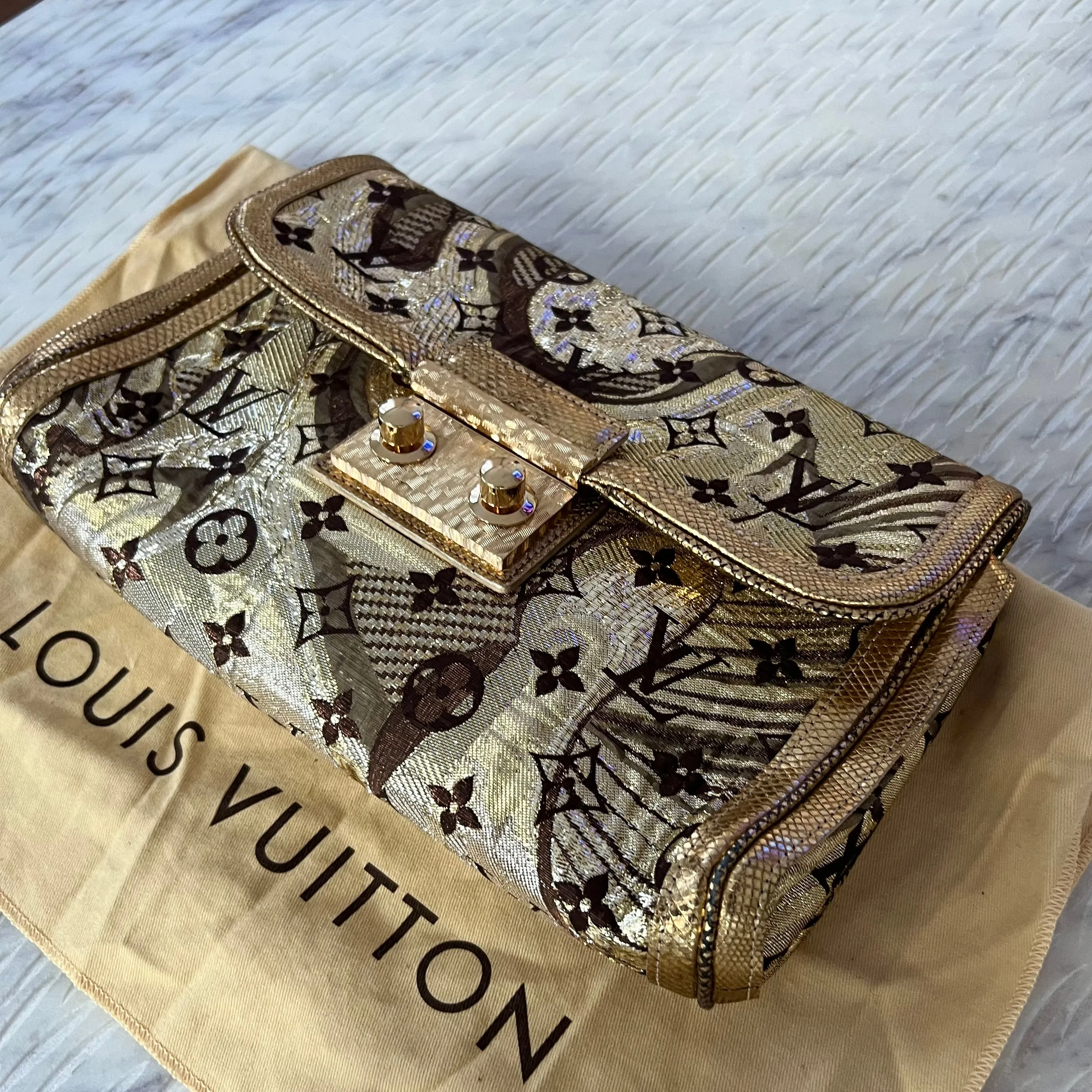 Louis Vuitton Gold Brocade Thalie Clutch