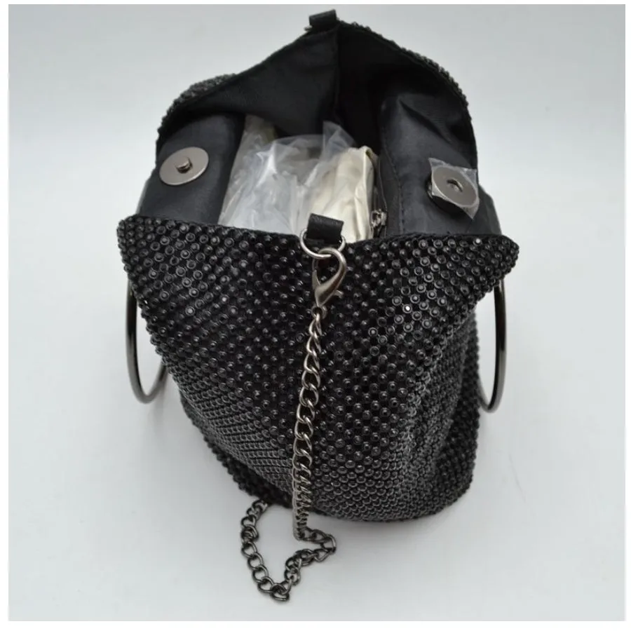 Metal mesh rhinestone chain crossbody bag - gold