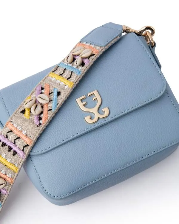 Mini Goblet Crossbody Leather : Stone Blue with Embroidered Strap