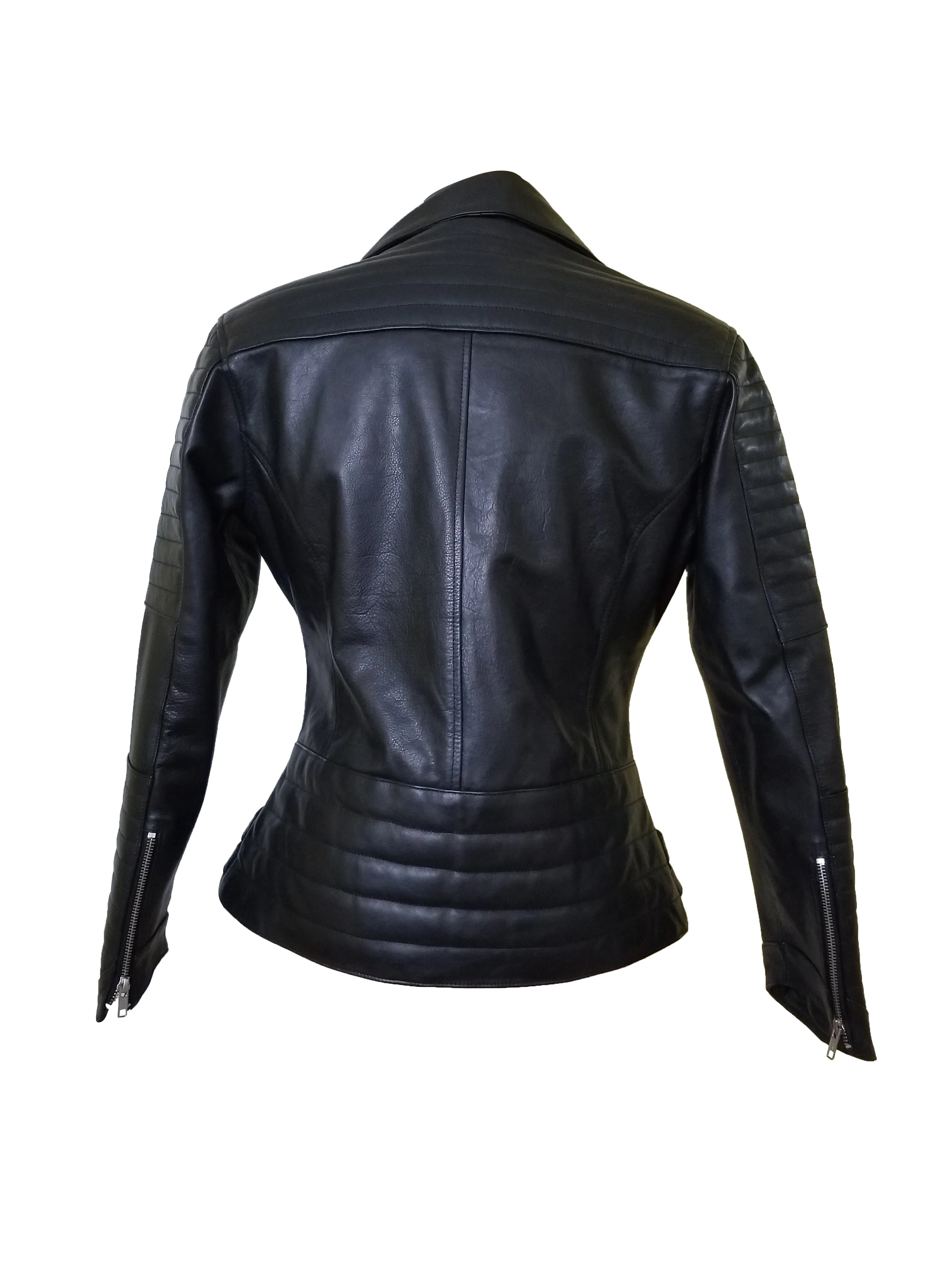 Miyah's double zipper leather jacket with ribbed stitching details