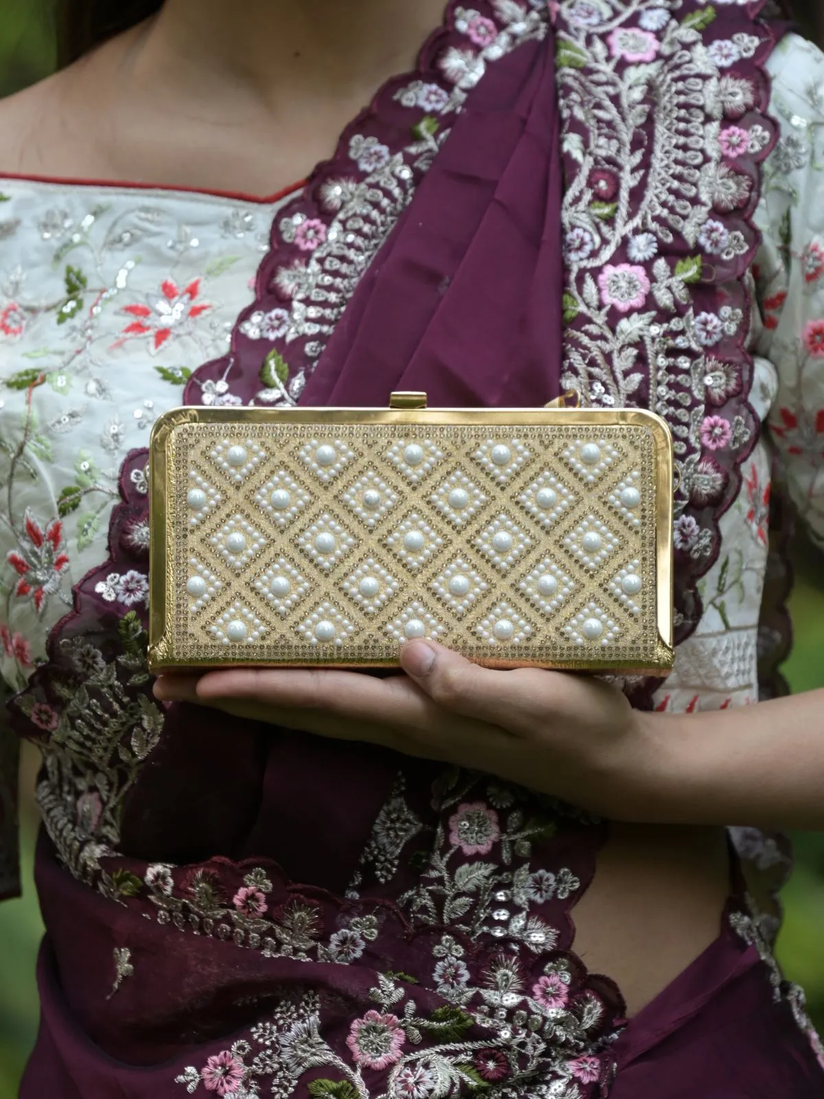 Odette Gold Pearl and Stone Embellished Box Clutch for Women