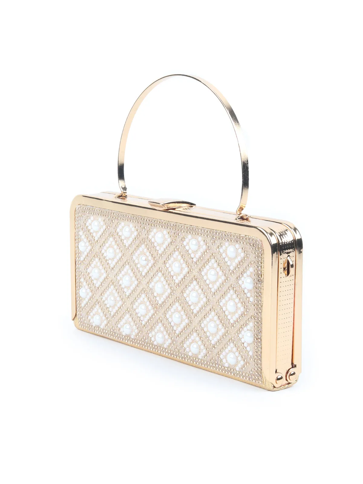 Odette Gold Pearl and Stone Embellished Box Clutch for Women