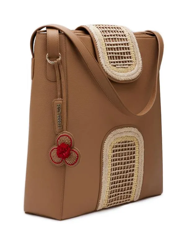 The Flappie Tote Leather : Tan (With Raffia Embroidery)