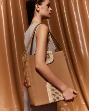 The Flappie Tote Leather : Tan (With Raffia Embroidery)