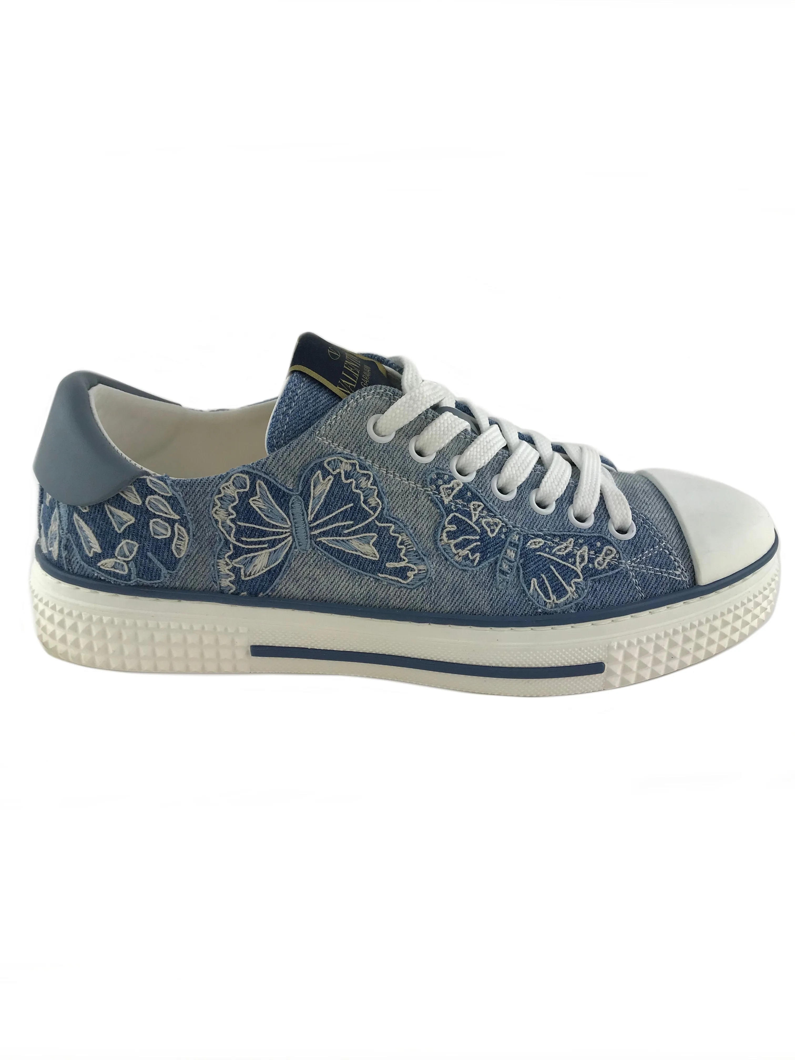 Valentino Butterfly-Embroidered Denim Sneakers Size 8.5